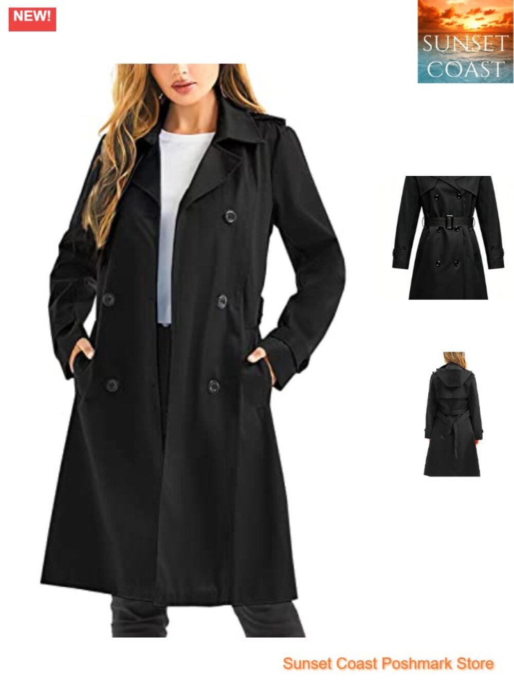 Women's Waterproof Trench Coat Long Double Breasted Belted Overcoat with Hood